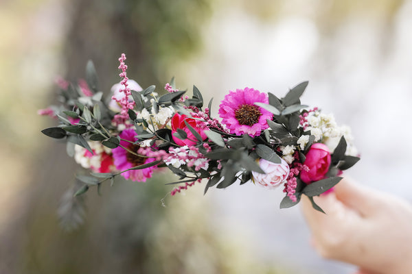 Magenta flower half wreath Bridal hair crown Pink and green flower wreath Wedding accessories Custom Headpiece Natural Hair flowers Magaela