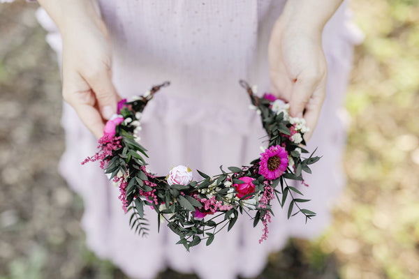 Magenta flower half wreath Bridal hair crown Pink and green flower wreath Wedding accessories Custom Headpiece Natural Hair flowers Magaela