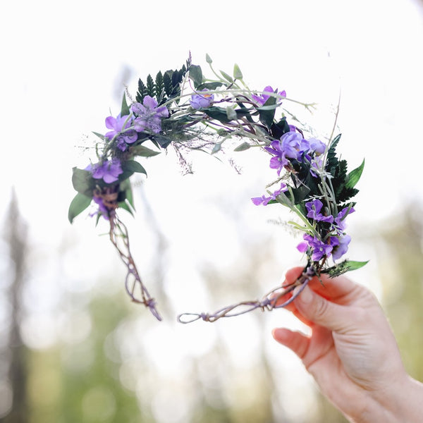 Purple bridal flower wreath Natural blumenkranz Wedding hair flowers Violet and green headpiece 2021 bridal inspiration Magaela Meadow