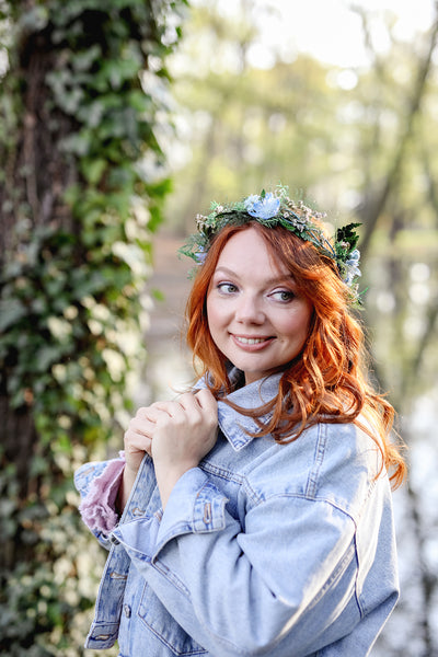 Blue and green bridal wreath Hair crown for bride Natural headpiece Flower crown Handmade Long lasting crown Customisable Magaela