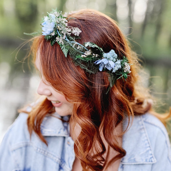 Blue and green bridal wreath Hair crown for bride Natural headpiece Flower crown Handmade Long lasting crown Customisable Magaela