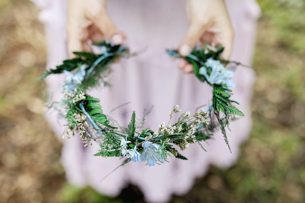 Blue and green bridal wreath Hair crown for bride Natural headpiece Flower crown Handmade Long lasting crown Customisable Magaela