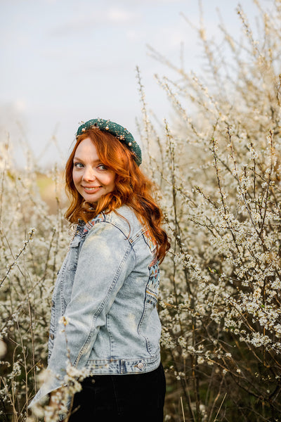 Vintage padded headband Emerald and golden hairband Elegant hairband with bees Laced headband Dark green headpiece with crystals Magaela