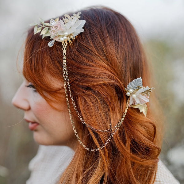Vintage double hair comb Flower bridal hair comb Wedding headpiece Crystals Two hair combs with chain Magaela handmade combs Vintage wedding