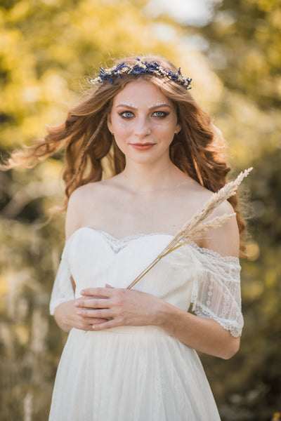 Lavender and baby's breath flower half crown, Natural wedding hair flowers, Provence wreath, Magaela Bridal headpiece Greek style, Navy blue