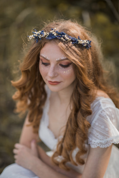 Lavender and baby's breath flower half crown, Natural wedding hair flowers, Provence wreath, Magaela Bridal headpiece Greek style, Navy blue