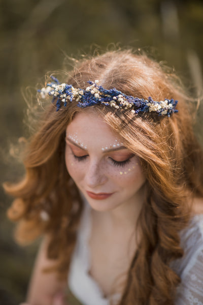 Lavender and baby's breath flower half crown, Natural wedding hair flowers, Provence wreath, Magaela Bridal headpiece Greek style, Navy blue