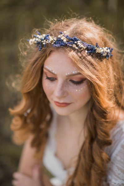 Lavender and baby's breath flower half crown, Natural wedding hair flowers, Provence wreath, Magaela Bridal headpiece Greek style, Navy blue