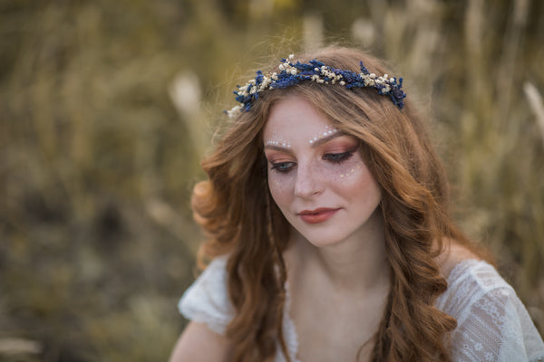 Lavender and baby's breath flower half crown, Natural wedding hair flowers, Provence wreath, Magaela Bridal headpiece Greek style, Navy blue