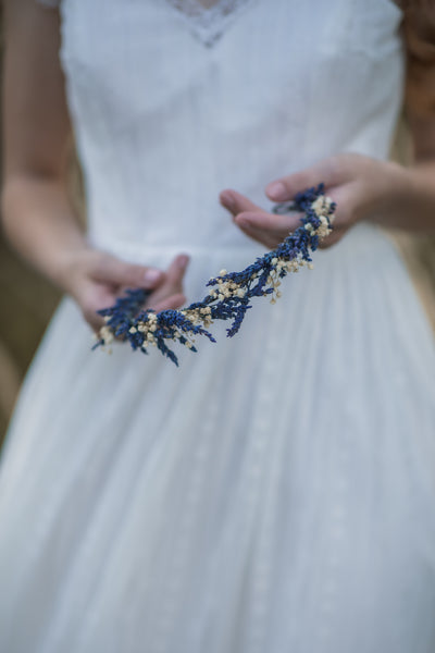 Lavender and baby's breath flower half crown, Natural wedding hair flowers, Provence wreath, Magaela Bridal headpiece Greek style, Navy blue