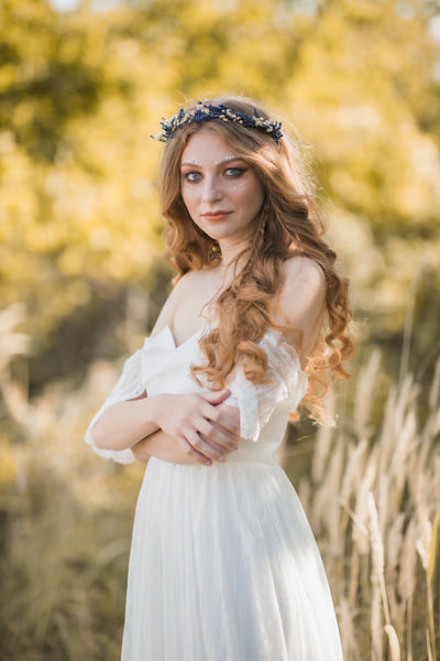 Lavender and baby's breath flower half crown, Natural wedding hair flowers, Provence wreath, Magaela Bridal headpiece Greek style, Navy blue