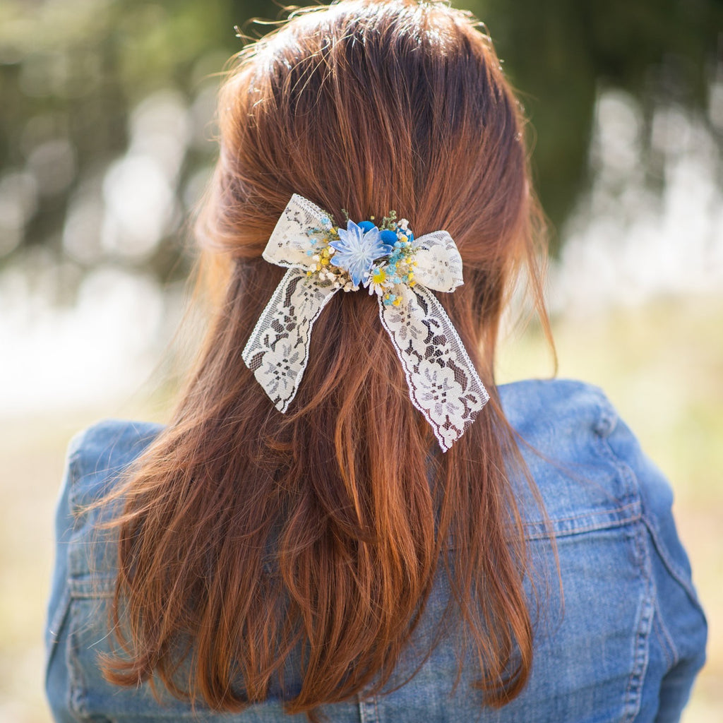 Flower hair bow Yellow and blue lace ribbon hair bow Barrette hair cli –  magaela