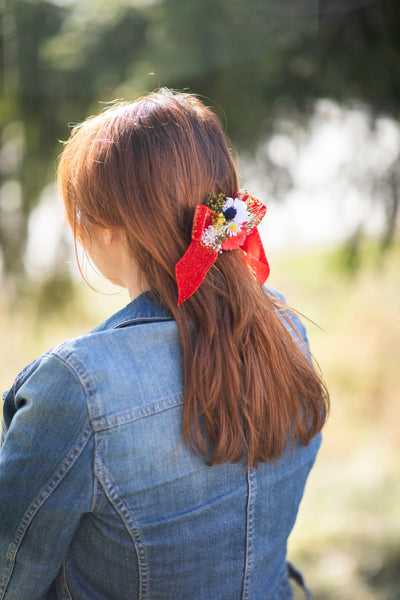 Folk flower hair bow Barrette clip with red ribbon Poppy ponytail clip Folk wedding style barrette clip Back to school hair bow Magaela