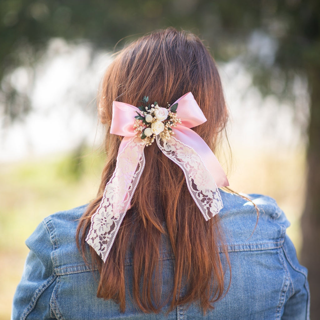 Romantic flower hair bow Bridal headpiece Barrette with ribbon Pink ponytail hair clip Wedding 2021 Blush headpiece Lace Magaela Gift