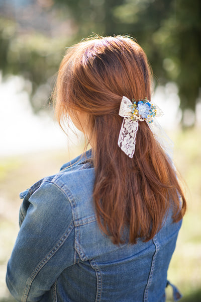 Flower hair bow Yellow and blue lace ribbon hair bow Barrette hair clip Bridal hair clip with bow Ponytail hair clip Back to school Magaela