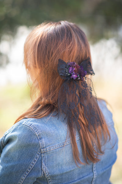 Black and purple hair bow Black lace flower hair bow Barrette flower clip Magaela Hair accessories Ponytail clip Handmade barrette 2021