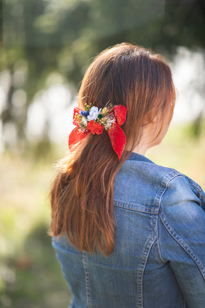 Folk flower hair bow Barrette clip with red ribbon Poppy ponytail clip Folk wedding style barrette clip Back to school hair bow Magaela