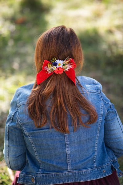 Folk flower hair bow Barrette clip with red ribbon Poppy ponytail clip Folk wedding style barrette clip Back to school hair bow Magaela