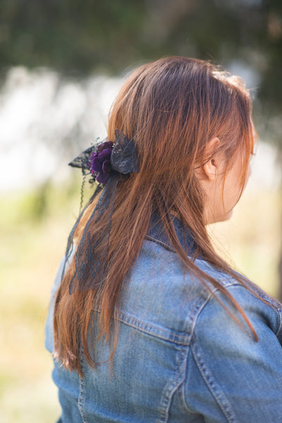 Black and purple hair bow Black lace flower hair bow Barrette flower clip Magaela Hair accessories Ponytail clip Handmade barrette 2021