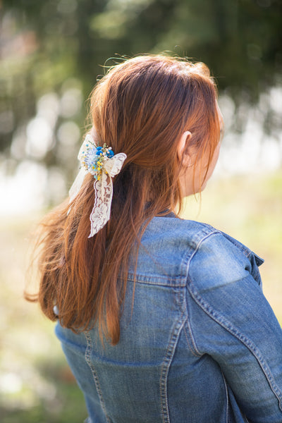 Flower hair bow Yellow and blue lace ribbon hair bow Barrette hair clip Bridal hair clip with bow Ponytail hair clip Back to school Magaela