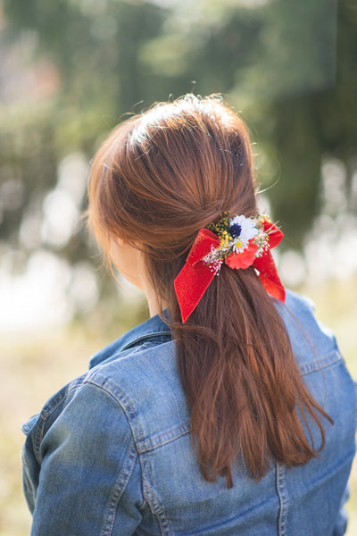 Folk flower hair bow Barrette clip with red ribbon Poppy ponytail clip Folk wedding style barrette clip Back to school hair bow Magaela