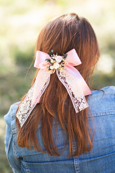 Romantic flower hair bow Bridal headpiece Barrette with ribbon Pink ponytail hair clip Wedding 2021 Blush headpiece Lace Magaela Gift