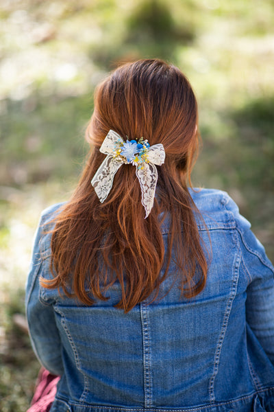 Flower hair bow Yellow and blue lace ribbon hair bow Barrette hair clip Bridal hair clip with bow Ponytail hair clip Back to school Magaela