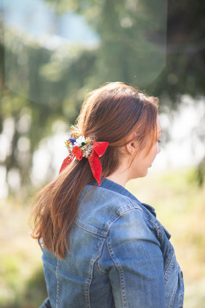 Folk flower hair bow Barrette clip with red ribbon Poppy ponytail clip Folk wedding style barrette clip Back to school hair bow Magaela