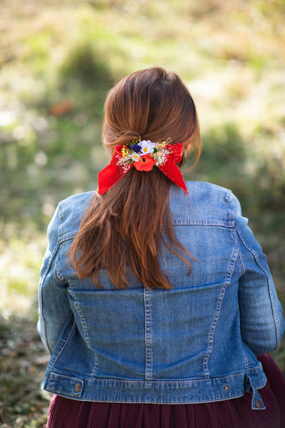 Folk flower hair bow Barrette clip with red ribbon Poppy ponytail clip Folk wedding style barrette clip Back to school hair bow Magaela