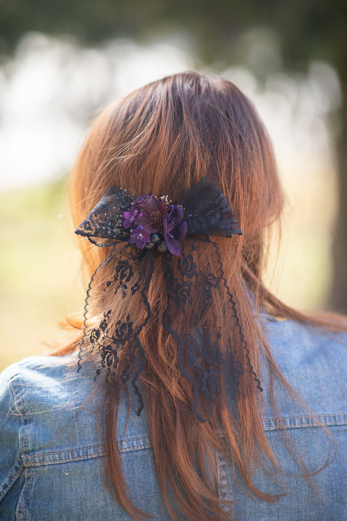 Black and purple hair bow Black lace flower hair bow Barrette flower clip Magaela Hair accessories Ponytail clip Handmade barrette 2021