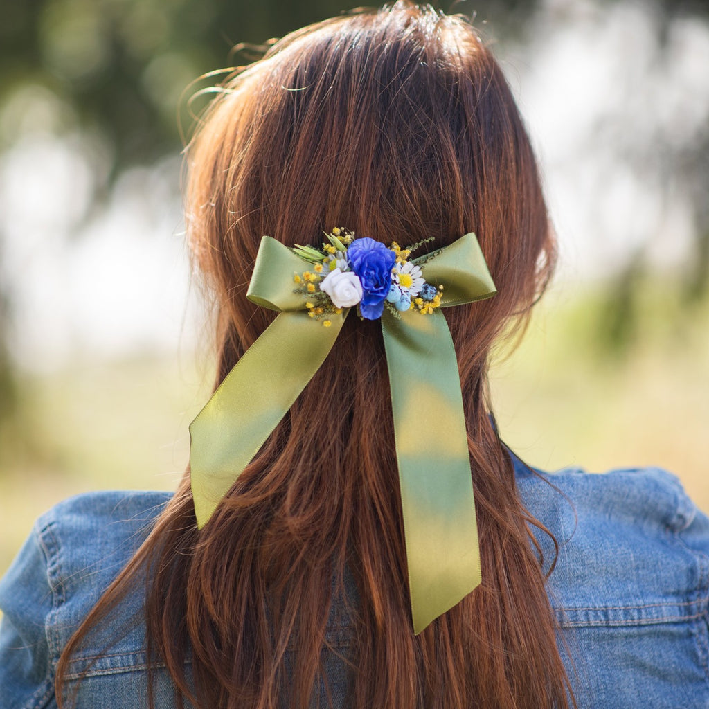 Meadow green and blue hair bow Bridal flower hair clip Barrette hair clip with ribbon Wedding 2021 Handmade Magaela Folklore Back to school