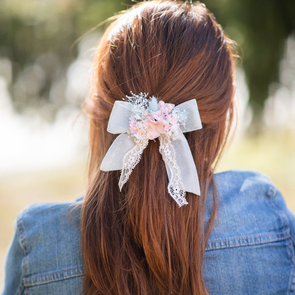 Pastel flower hair bow Bridal barrette clip Customisable Mint blush ponytail clip Romantic wedding Back to school Clip for girl Gift for her