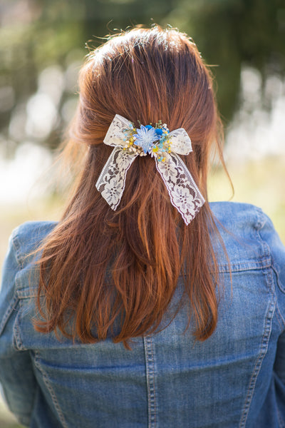 Flower hair bow Yellow and blue lace ribbon hair bow Barrette hair clip Bridal hair clip with bow Ponytail hair clip Back to school Magaela