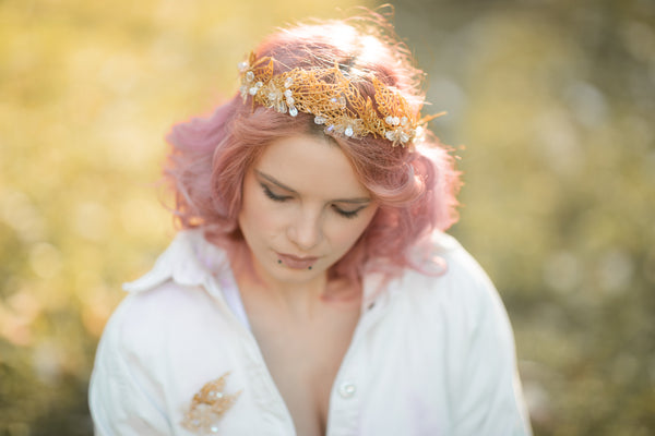 Golden bridal hair crown with crystals Wedding tiara Handmade crown with leaves Wedding accessories Magaela Tiara for bride Customisable