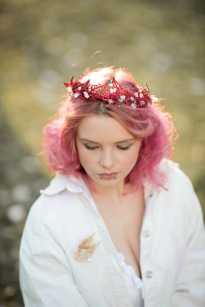 Red flower crown Bridal tiara Wedding headpiece with crystals Magaela flower crown Bride to be Elegant tiara Hair jewelry for bride Handmade