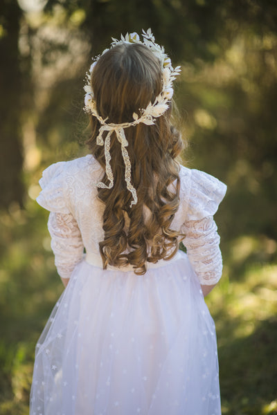 Communion flower wreath with white peonies