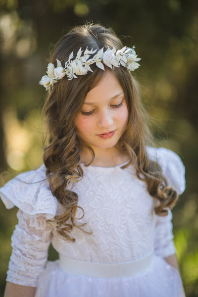 Communion flower wreath with white peonies