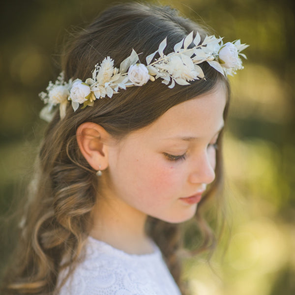 Communion flower wreath with white peonies