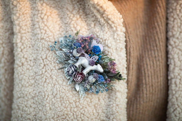 Flower brooch with polar bear Winter accessories photoshoot Wedding Gift for her Brooch for coat Flower jewellery Magaela Unique brooch