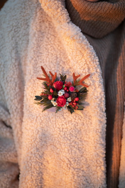 Winter flower brooch with antlers Woodland brooch with berries Christmas reindeer brooch Magaela Red brooch for jacket Woodland wedding