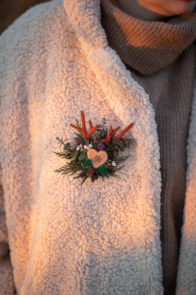 Winter flower brooch with antlers Gingerbread Woodland brooch with berries Christmas reindeer brooch Magaela Red brooch for coat Wedding