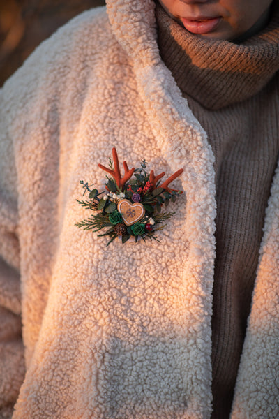 Winter flower brooch with antlers Gingerbread Woodland brooch with berries Christmas reindeer brooch Magaela Red brooch for coat Wedding