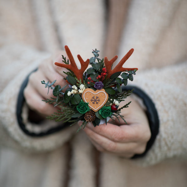 Winter flower brooch with antlers Gingerbread Woodland brooch with berries Christmas reindeer brooch Magaela Red brooch for coat Wedding