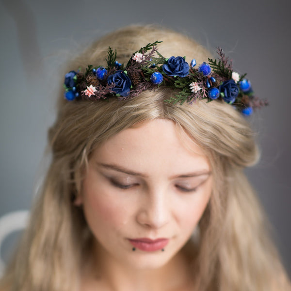 Winter flower headband with blue roses