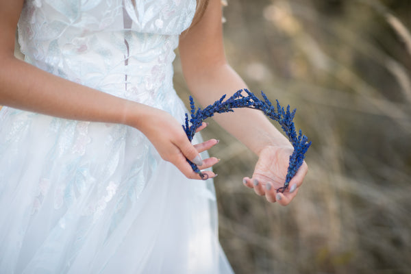 Lavender flower crown Wedding hair flowers Lavender provence wreath Magaela Bridal headpiece Greek style Navy blue preserved flower wreath