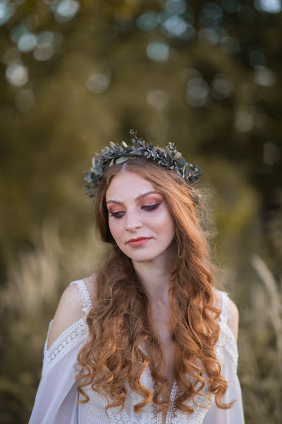 Greenery eucalyptus hair wreath, Bridal parvifolia wedding crown, Boho wedding halo, Preserved flower crown, Leaf crown, Magaela headpiece