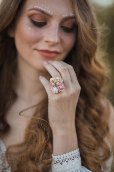 Romantic wrist corsage, Pink wedding jewellery, Flower wedding ring, Bridesmaid bracelets, Magaela, Bridal flower bracelet, Flower ring