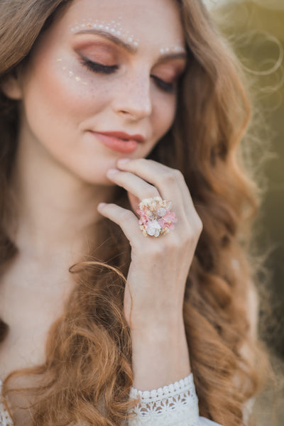Romantic wrist corsage, Pink wedding jewellery, Flower wedding ring, Bridesmaid bracelets, Magaela, Bridal flower bracelet, Flower ring