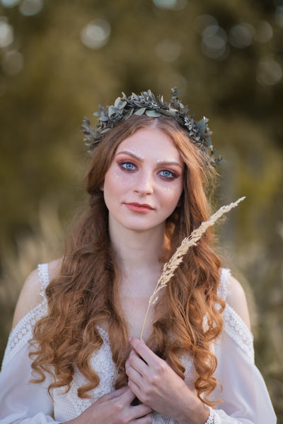 Greenery eucalyptus hair wreath, Bridal parvifolia wedding crown, Boho wedding halo, Preserved flower crown, Leaf crown, Magaela headpiece