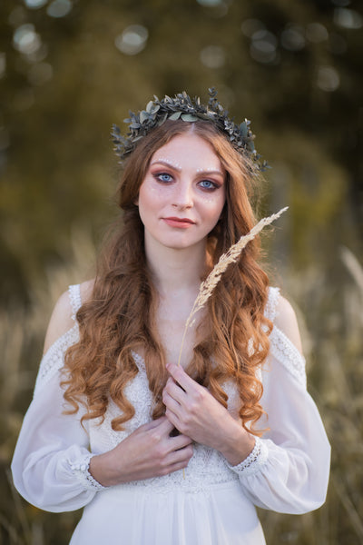 Greenery eucalyptus hair wreath, Bridal parvifolia wedding crown, Boho wedding halo, Preserved flower crown, Leaf crown, Magaela headpiece